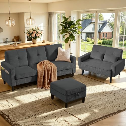 2 Piece Corduroy L Shaped Sectional Sofa Set, 3-Seater L Shaped Couch by soscana