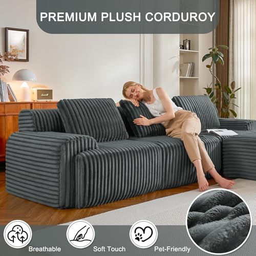 113" Boneless Couches for Living Room Oversized L-Shaped Grey - Image 4