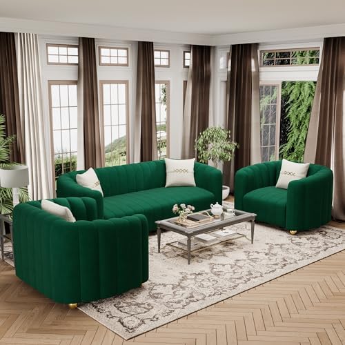 3-Piece Green Velvet Tufted Sofa Set - Image 2