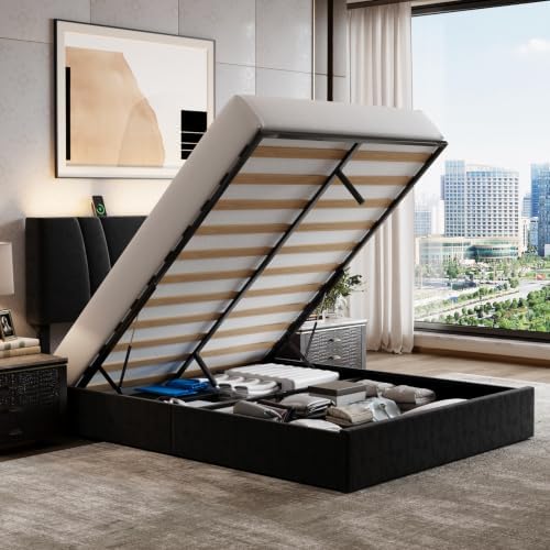 Novilla Queen Lift Up Storage Bed Frame/Charging Station/LED Light by Novilla