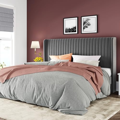 Allewie King Size Velvet Bed Frame/Vertical Channel Tufted Wingback by Allewie