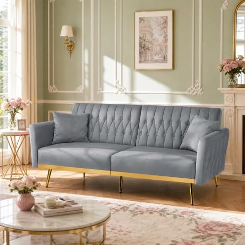 70” Velvet Futon Sofa Bed w/Adjustable Armrests - Image 6