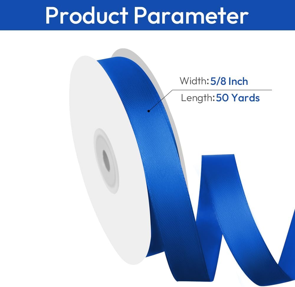 5/8" Width x 50 Yards Satin Fabric Ribbon, Royal Blue Ribbon Perfect for DIY Bows, Swags, Gift Wrapping, Craft, Flower Bouquet，Christmas and Party Decoration