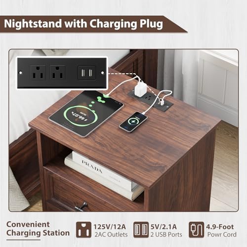YANSNWO Walnut Nightstand with Charging Station, 19.7" 2-Drawer End Table - Image 4