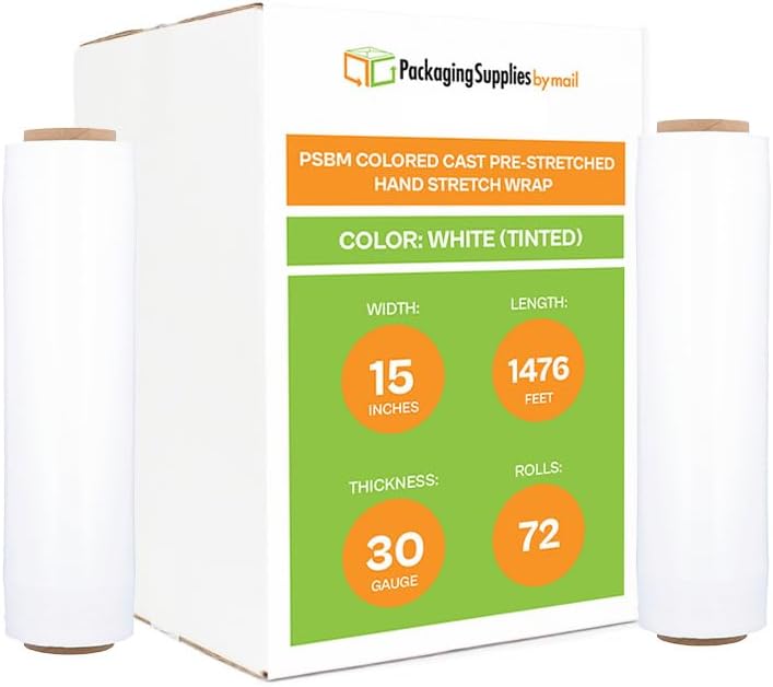 PSBM White Stretch Wrap, 15 Inch x 1476 Feet, 72 Pack, Tinted Pre-Stretched Shrink Wrap Film for Moving, Packaging, Pallet Wrapping