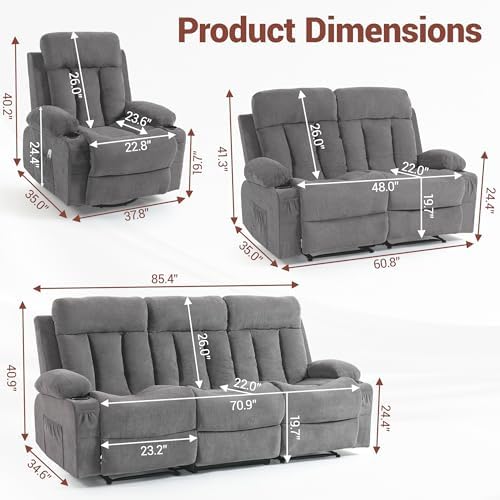 Manual Reclining Sofa Set, 3 Piece Recliner Living Room Furniture Sets - Image 2