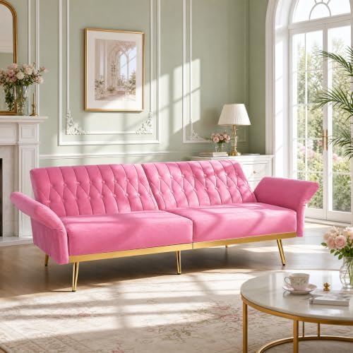 70” Velvet Futon Sofa Bed w/Adjustable Armrests - Image 7