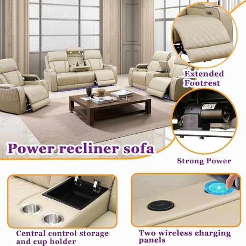Power Recliner Sofa Set with LED, Breathing Leather Electric Reclining Couch - Image 3