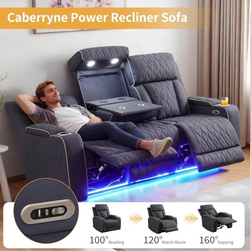 Power Recliner Sofa Set with LED Lights, Suede Leather Reclining Couch with - Image 6