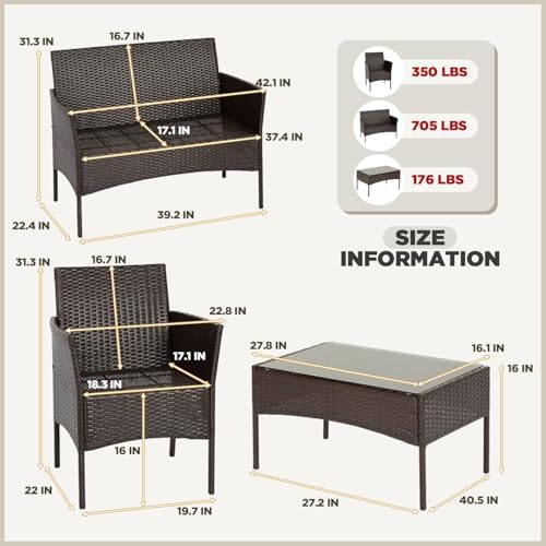 FDW 4-Piece Patio Furniture Set | Brown & Red | Outdoor Wicker Furniture - Image 2