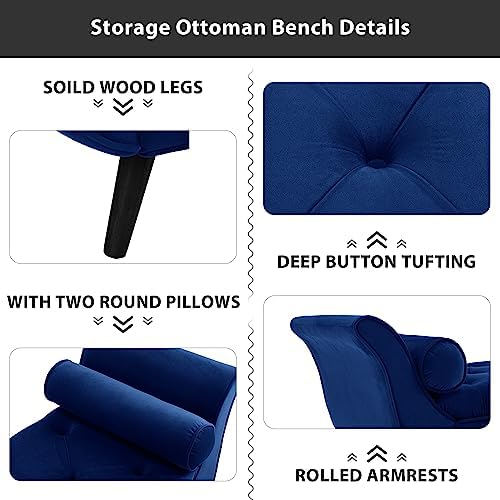 Storage Bench for Bedroom End of Bed, Velvet Upholstered Rolled Armed Button - Image 6
