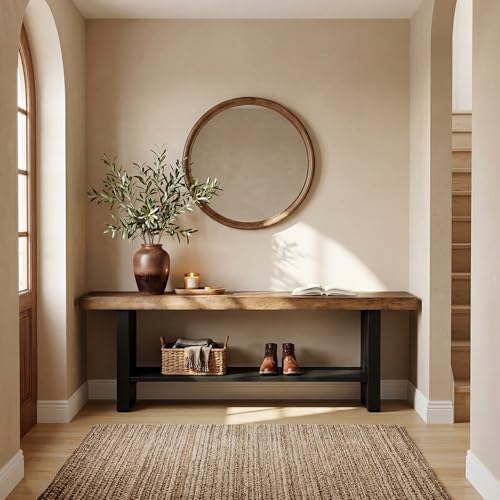 55" Solid Wood Bench with Shoe Storage, 2-Tier Farmhouse Entryway Bench - Image 7