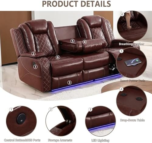 Breathing Leather Power Recliner Sofa Set, 2 Piece Leather Couch and Loveseat - Image 6