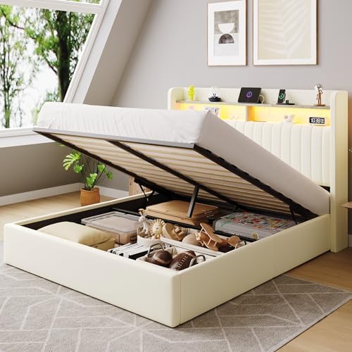 SHA CERLIN Full Size LED Lift Up Storage Bed Frame Charging Station by SHACERLIN