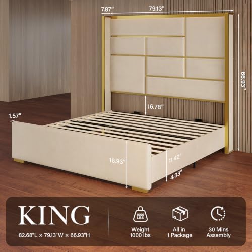 King Size Bed Frame with Gold Trim Headboard, 66.9" Tall Bed - Image 2