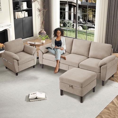 3 Piece Convertible Sectional Sofa Set, Modern Linen Small L Shaped Couch - Image 3