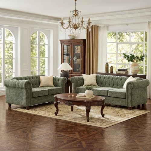 Modern Chesterfield 2-Piece Chenille Sofa & Loveseat Combo by MordenFortFurniture