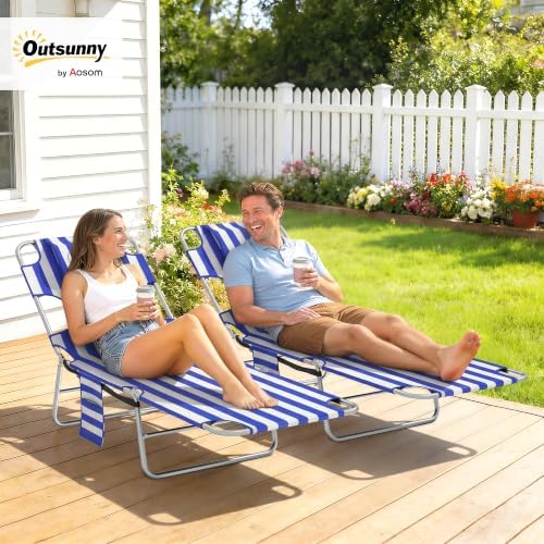 Outsunny Chaise Lounge Chair Outdoor Set of 2 w/Face Arm Hole Blue Stripe - Image 2