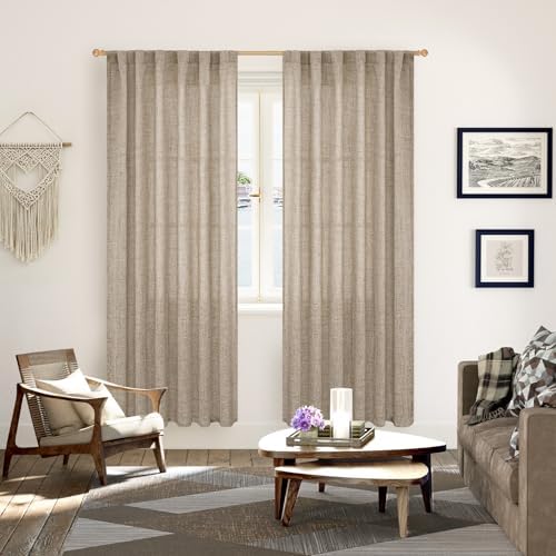 Dark Oatmeal Linen Semi Sheer Curtains 78 Inch Length - Image 2