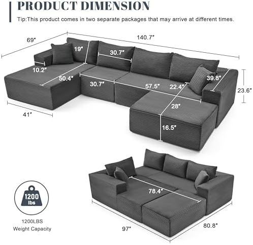 Mangodan 140” Cloud Sectional Couch, Modular Sectional Sofa - Image 3