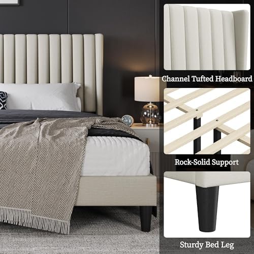 Yaheetech King Bed Frame with Headboard, Ivory Channel-Tufted Platform - Image 4
