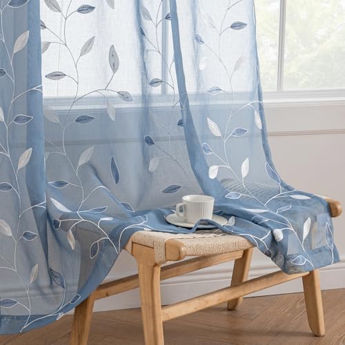 MIULEE Dusty Blue Sheer Curtains 2 Panels Leaf Patterned, W52 x L96 by MIULEE