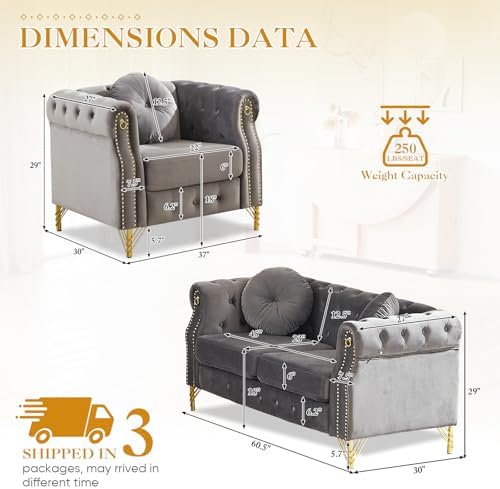 2 Pieces Mid Century Modern Chesterfield Sofa Set, Upholstered Button Tufted - Image 2