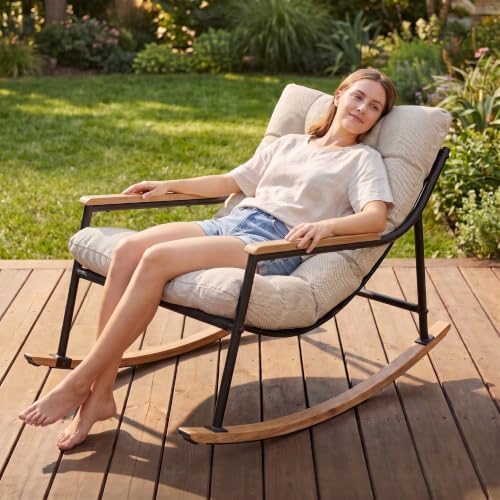 Papasan Rocking Chair with Armrest Outdoor Indoor, Heavy Duty Metal Outdoor by LUTINLIX