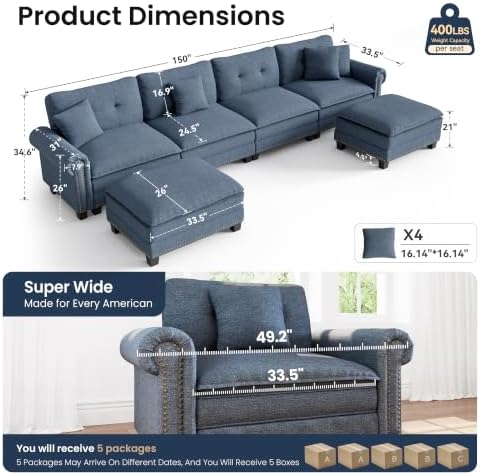 PHI VILLA 150" Oversized Modular Sectional Couch U Shaped - Image 2