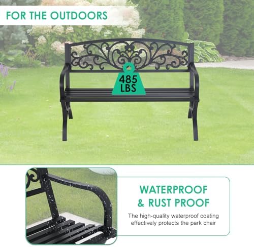 FDW | 50" Outdoor Garden Bench | Black | 485lbs Load Capacity - Image 6