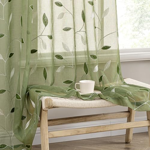 MIULEE Sage Green Sheer Curtains 2 Panels Leaf Patterned, W52 x L84 by MIULEE