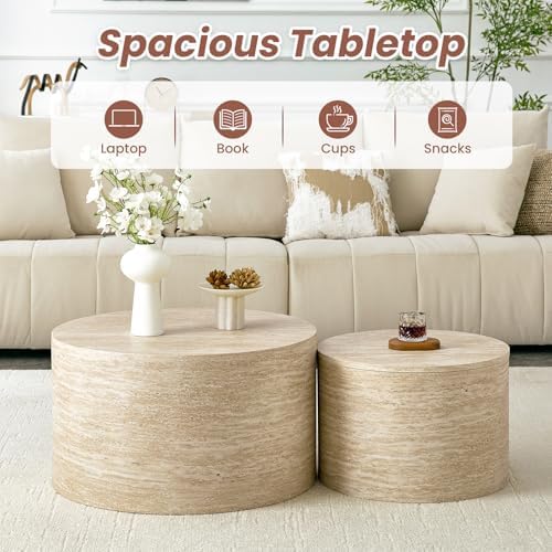 LKTART Travertine Round Nesting Coffee Table Set of 2 - Image 5