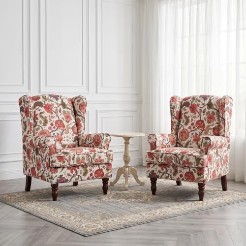 Mid Century Wingback Accent Chairs Set of 2 Floral Red by Unknown