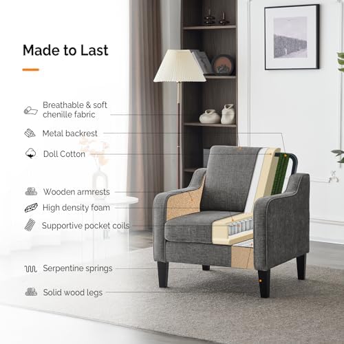 VINGLI Light Grey Accent Chair, Chenille Fabric Armchair - Image 6