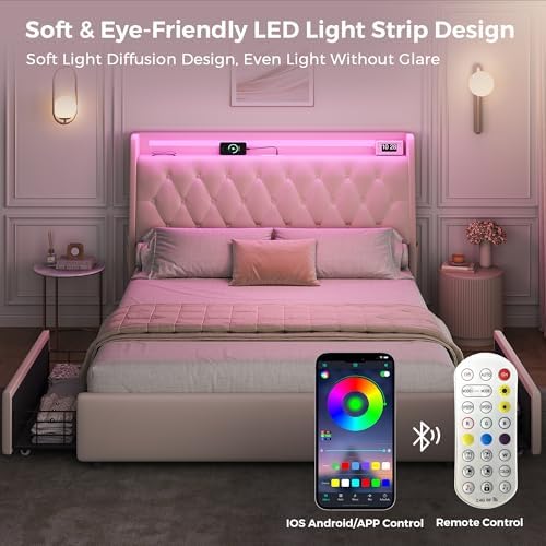 Full LED Velvet Bed Frame with 2 Storage Drawers&Hidden Headboard, Upholstered - Image 3
