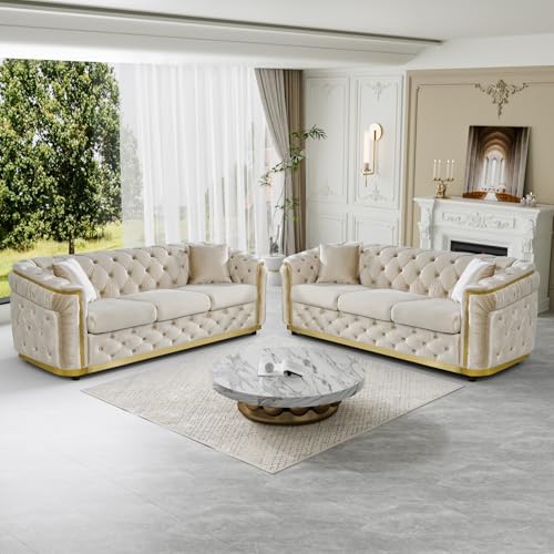 2-Piece 84.6" Velvet Sofa Set, Chesterfield Tufted by DAMAIFROMFURNITURE
