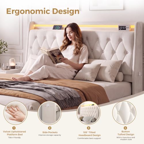 Jocoevol Queen LED Velvet Bed Frame - Image 5
