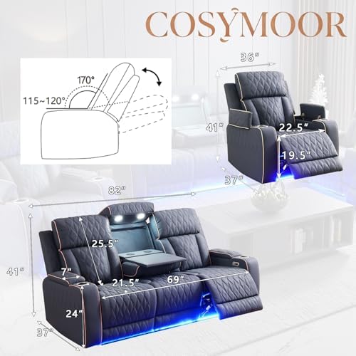 Power Reclining Sofa Set with LED Light, Sandad Leather Sectional Sofa and - Image 2
