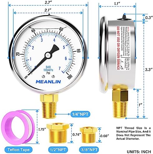 MEANLIN MEASURE 0~100Psi Stainless Steel 1/4" NPT 2.5" FACE DIAL Liquid Filled - Image 2