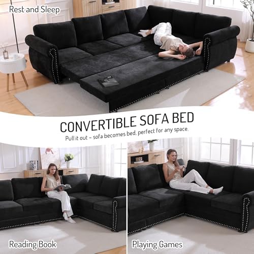 118" Chenille L-Shaped Pull-Out Sectional Chesterfield Sleeper Sofa - Image 3