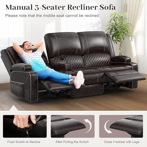 Yolsali 3 Seater Reclining Sofa, Reclining Couch Wall Hugger - Image 3