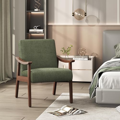 Yaheetech Accent Chairs, Mid-Century Corduroy Fabric Armchairs, Dark Green - Image 4