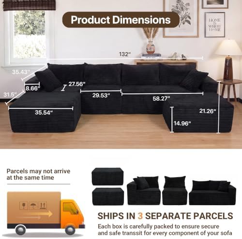 Claiks 132" Boneless Couch, U-Shape Corduroy Sectional Sofa - Image 2