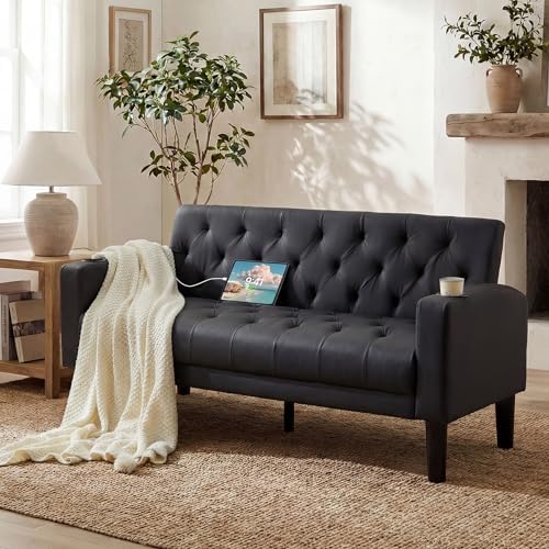 TYBOATLE 62'' Black Leather Loveseat, Small Couch by TYBOATLE