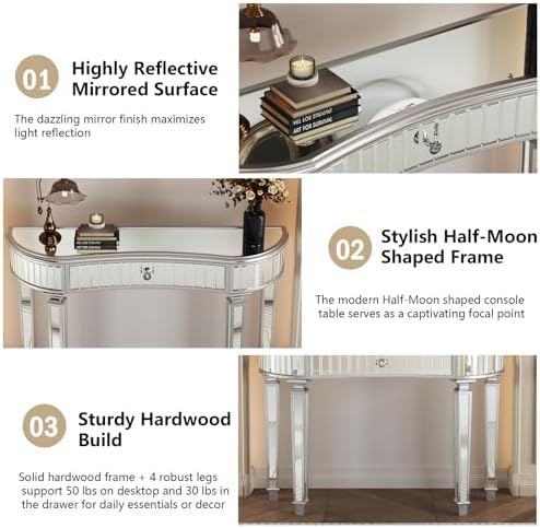 Silver Mirrored Console Table, Modern Luxury Entryway Vanity Desk Mirrored - Image 4