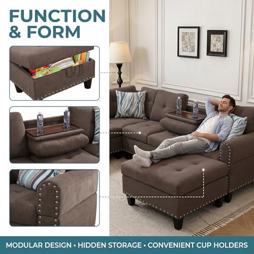 L-Shaped Couch Set, 97.5" L x 69.5" W Sectional Sofas Linen Brown - Image 4
