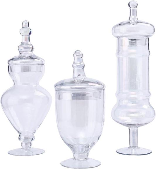 Stella Baic Set of 3 Iridescent Apothecary Jars with Lids, Glass Candy Jars for Candy Buffet, Decorative Jars for Display, Party and Wedding