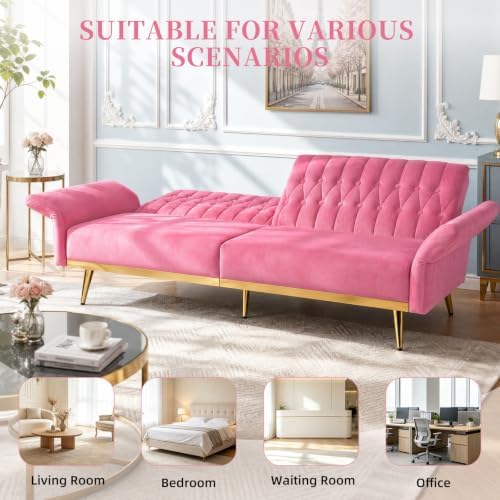 70” Velvet Futon Sofa Bed w/Adjustable Armrests - Image 5