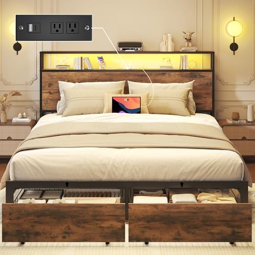 Queen Bed Frame with Charging Station, LED Lights, 2 Drawers, Rustic Brown by Lifezone