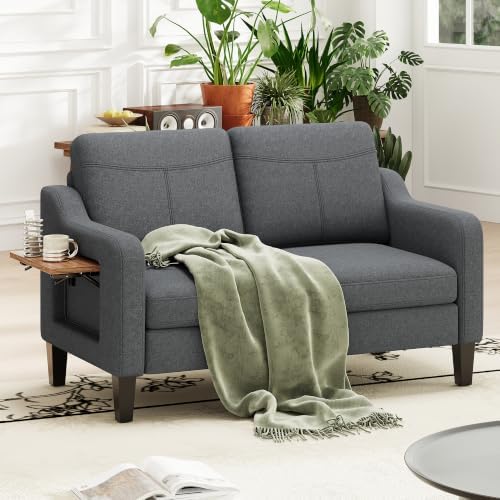 MALOL 51" Upholstered Loveseat Sofa Foldable Side Table, Dark Grey by MALOL
